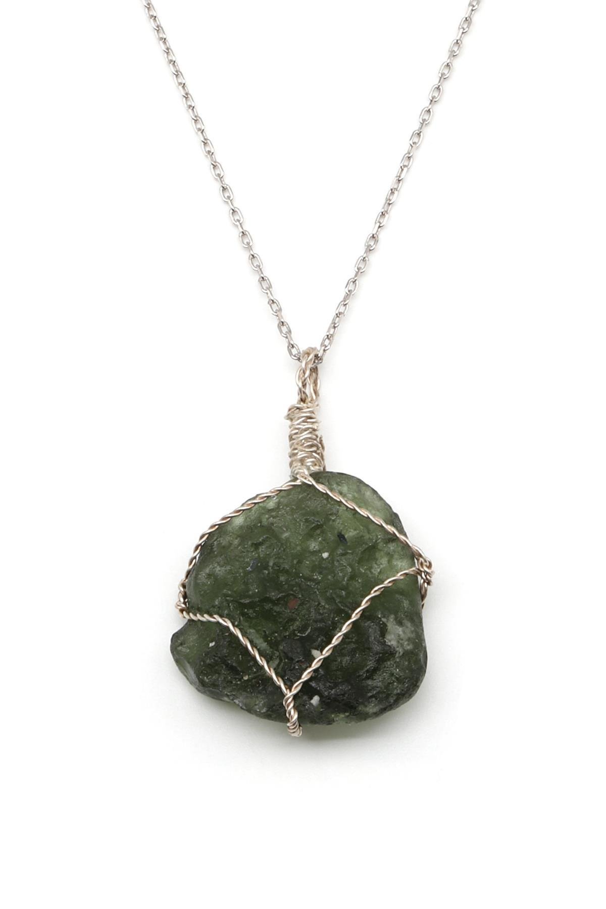 Moldavit Doğal Taş 925 Ayar Gümüş Kolye