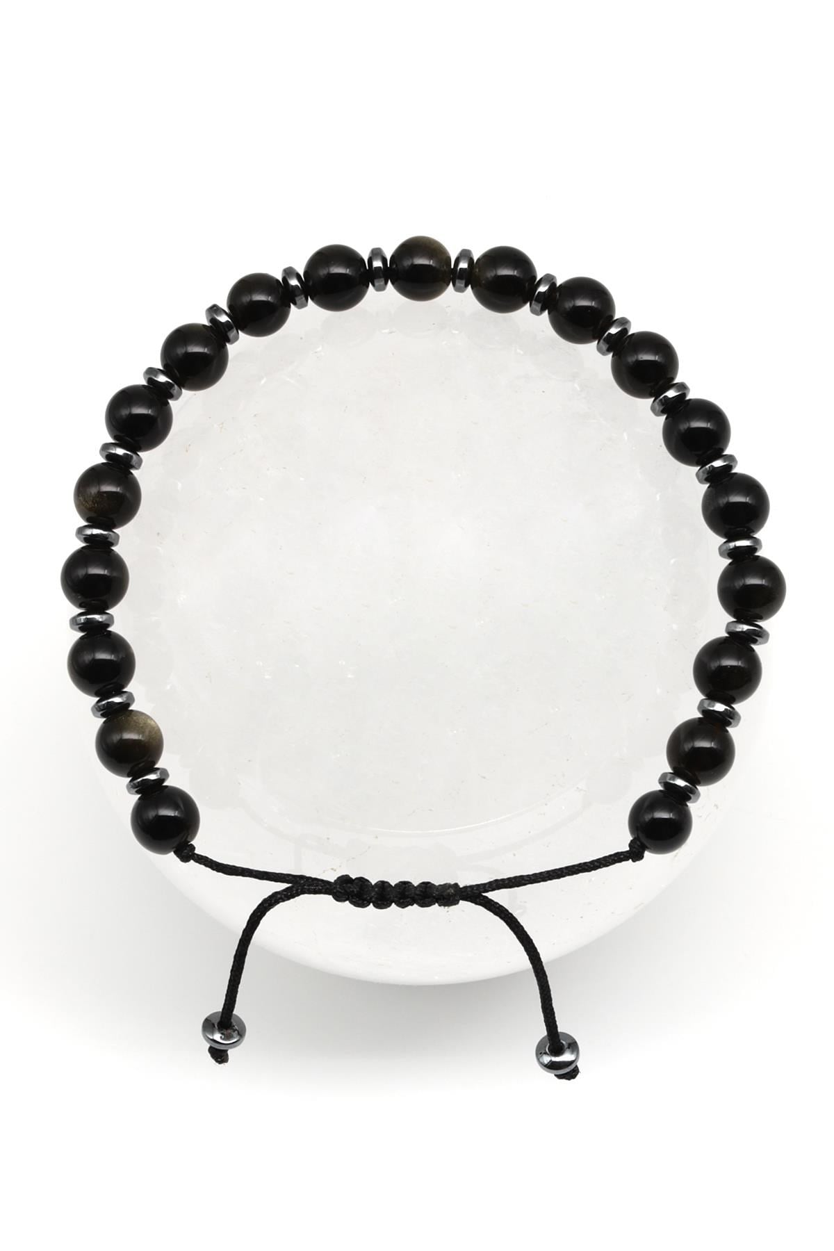 Obsidyen Doğal Taş Makrome Örme Bileklik Küre Kesim