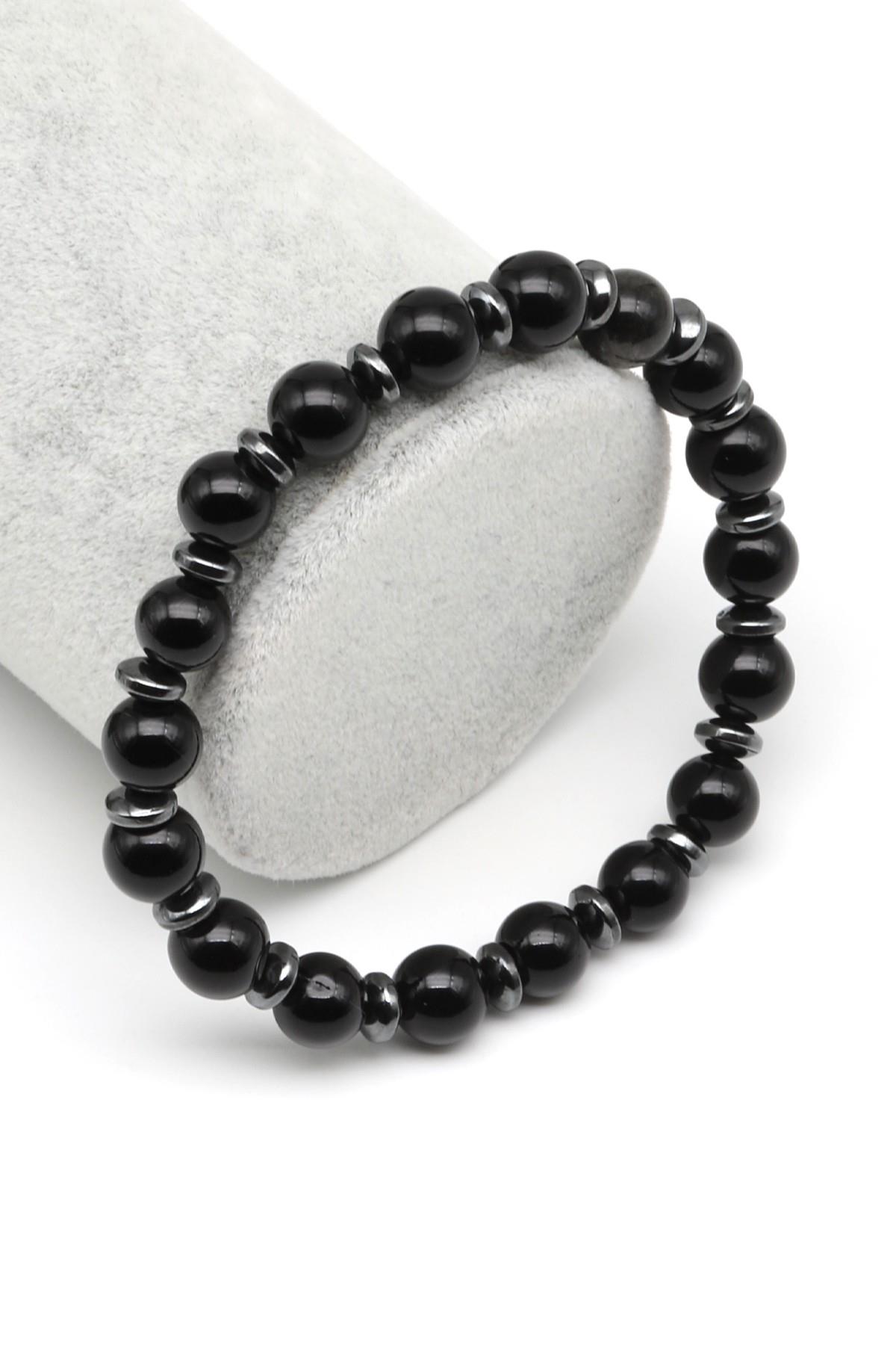 Obsidyen-Hematit Doğal Taş Bileklik 8 mm Küre Kesim - BLK-2043