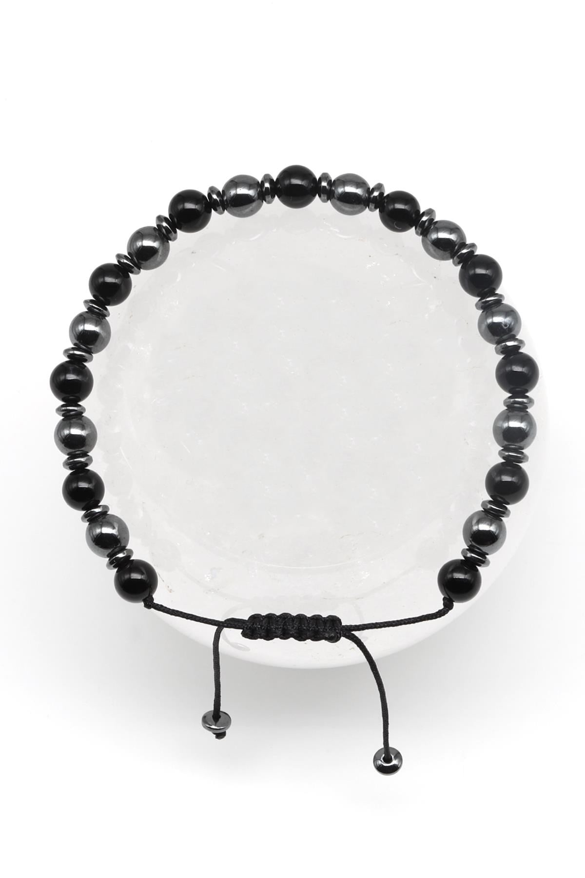 Oniks-Hematit Doğal Taş Makrome Örme Bileklik Küre Kesim