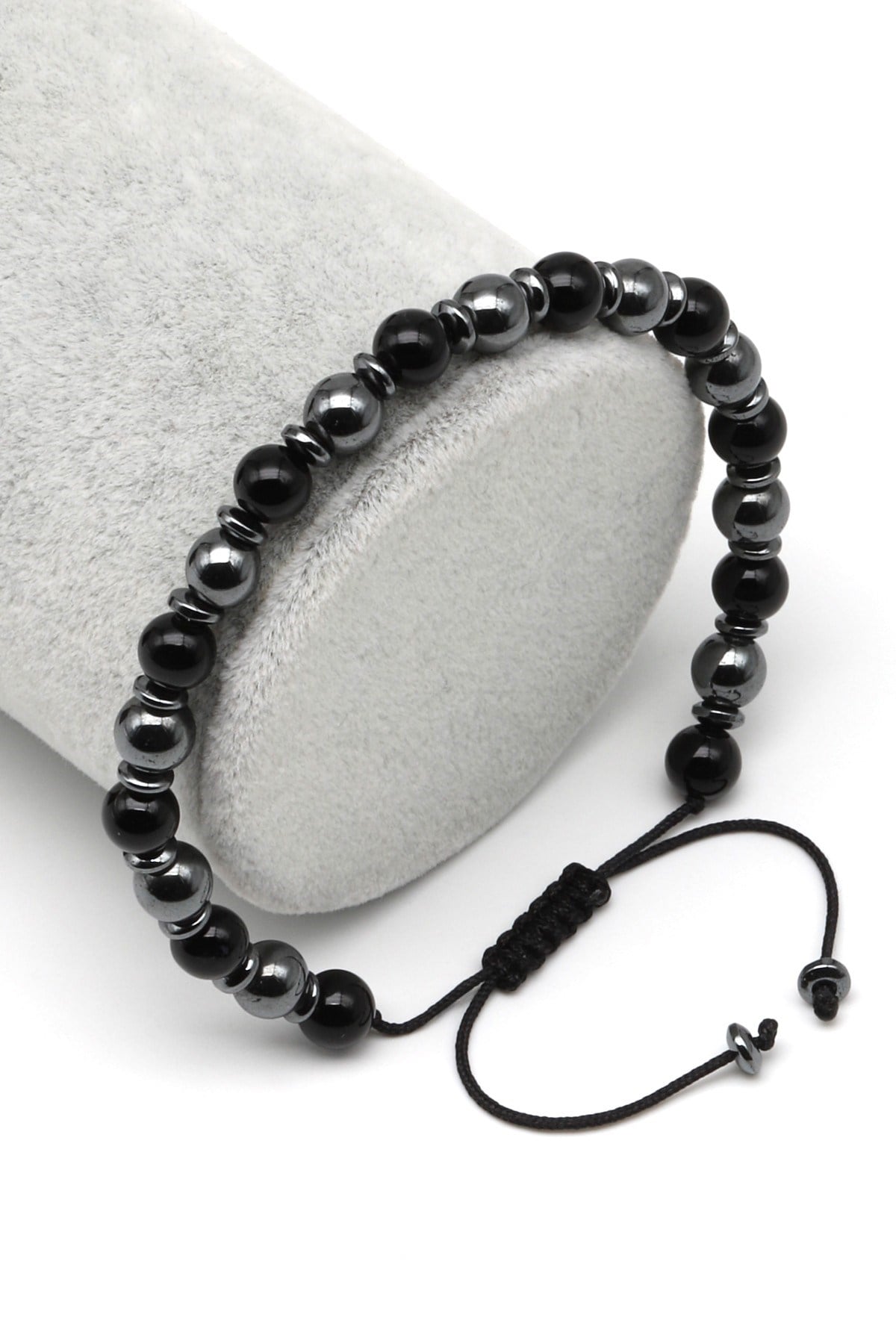 Oniks-Hematit Doğal Taş Makrome Örme Bileklik Küre Kesim - BMK-638