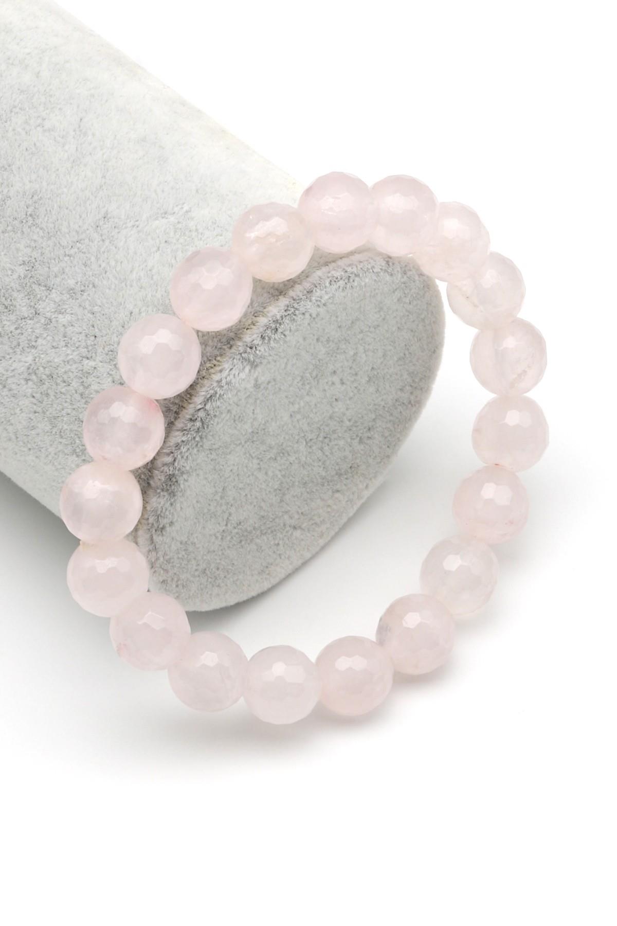 Pembe Kuvars Doğal Taş Bileklik 10 mm Fasetli Küre Kesim - BLK-2166
