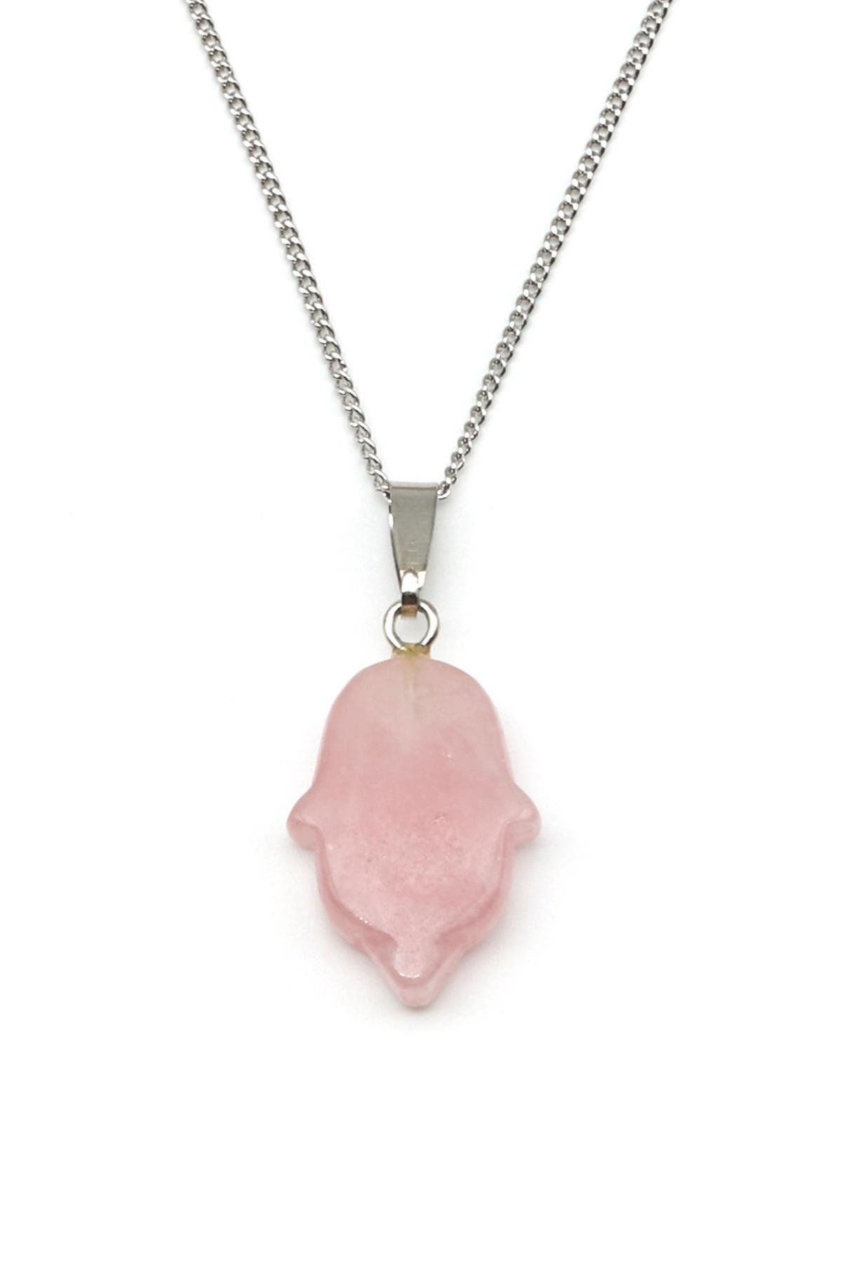 Pembe Kuvars Doğal Taş Fatma Ana Eli Kolye