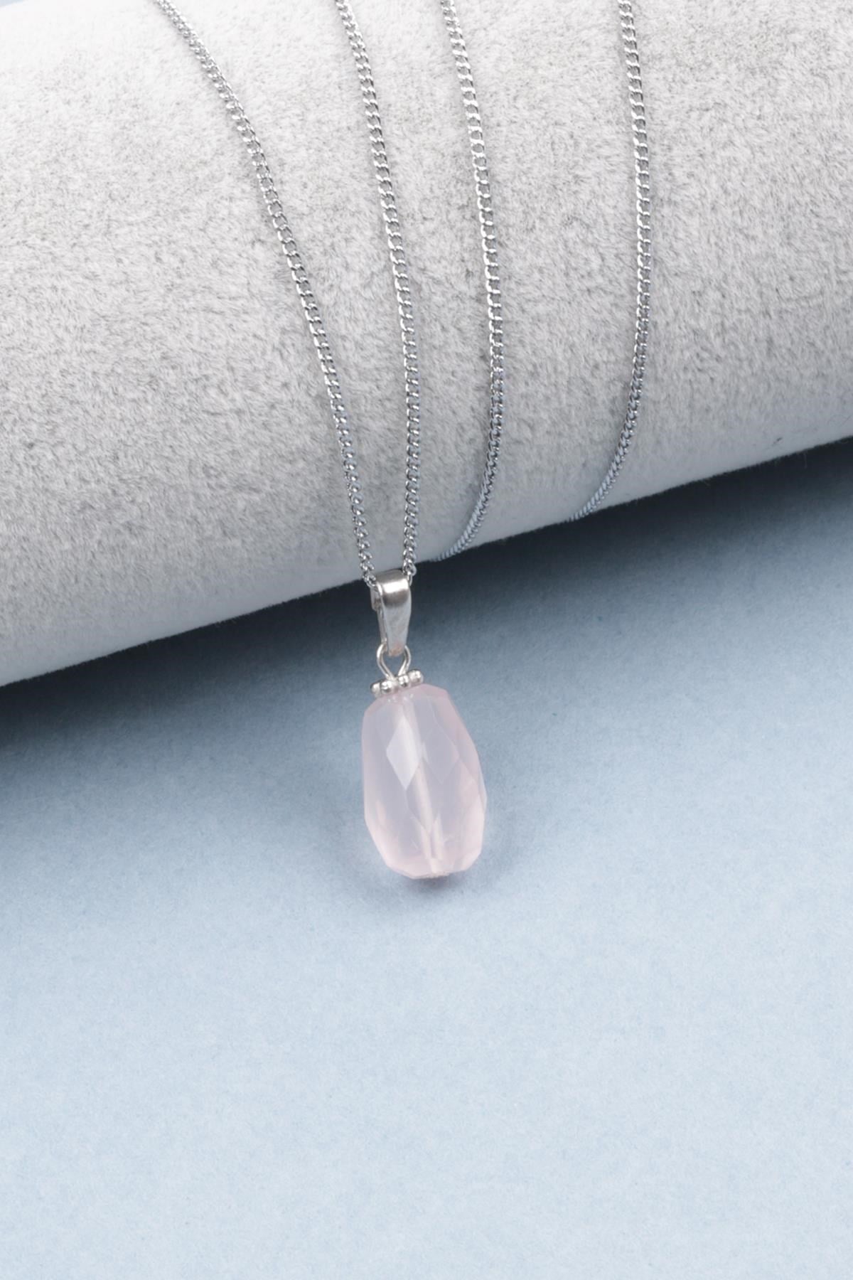 Pembe Kuvars Doğal Taş Kolye