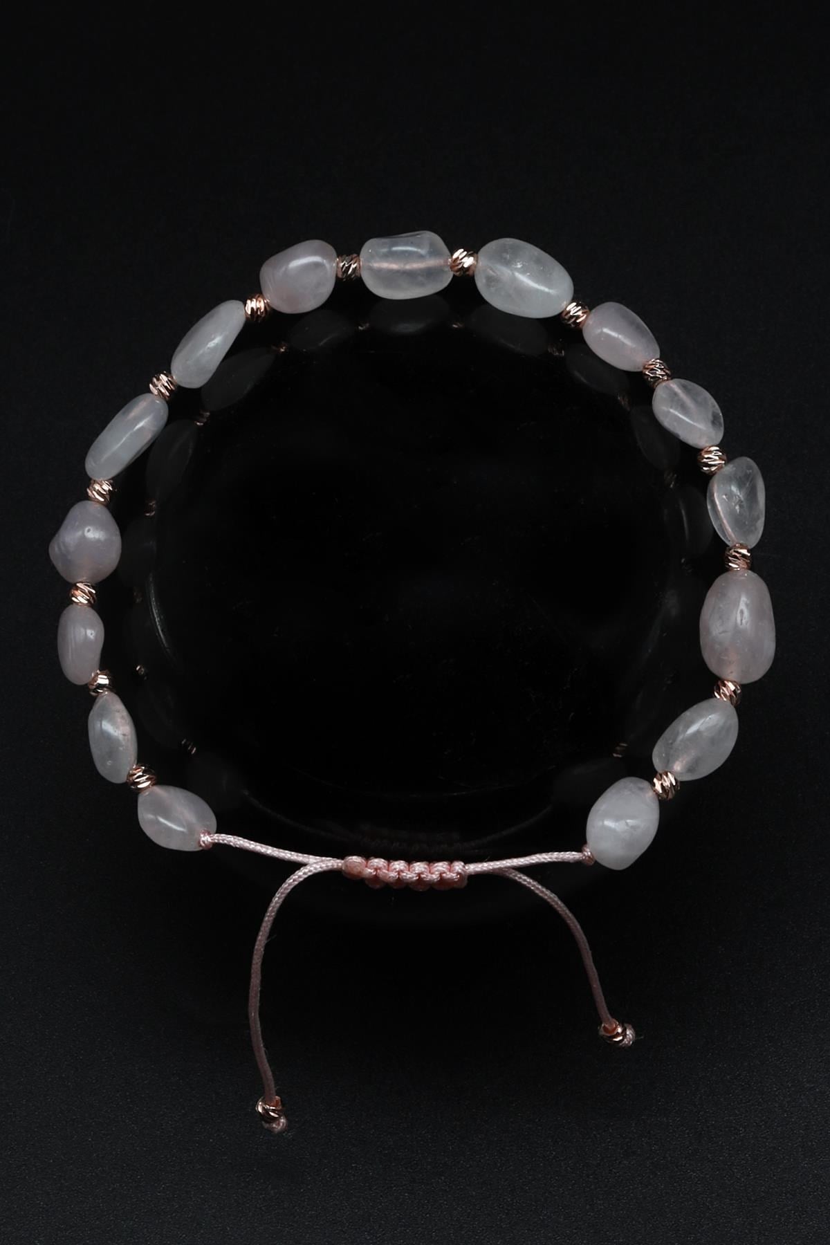 Pembe Kuvars Doğal Taş Makrome Örme Bileklik Şekilsiz Kesim