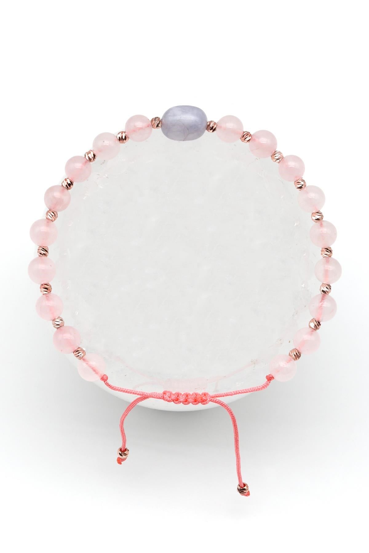 Pembe Kuvars Doğal Taş Makrome Örme Bileklik Küre Kesim