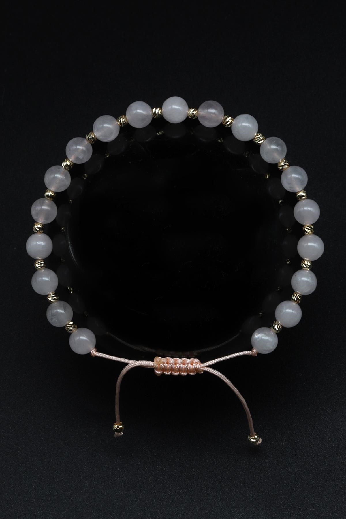 Pembe Kuvars Doğal Taş Makrome Örme Bileklik Küre Kesim