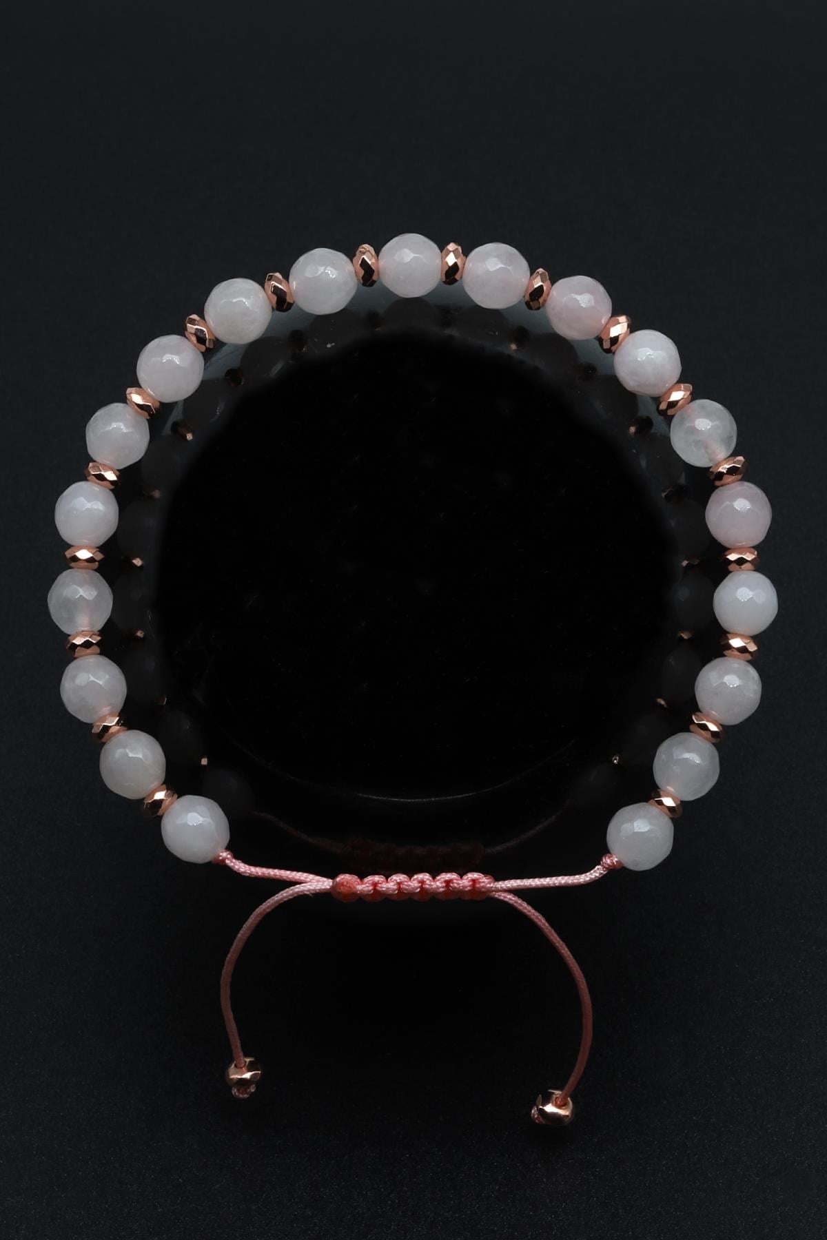 Pembe Kuvars Doğal Taş Makrome Örme Bileklik Küre Kesim