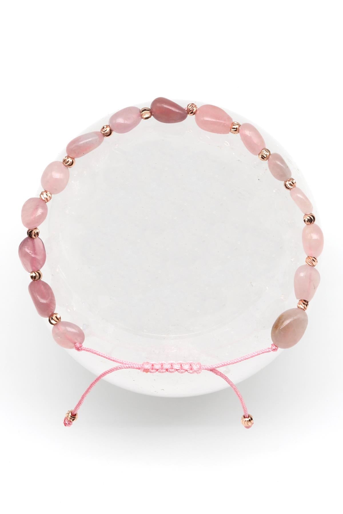 Pembe Kuvars Doğal Taş Makrome Örme Bileklik Mercimek Kesim