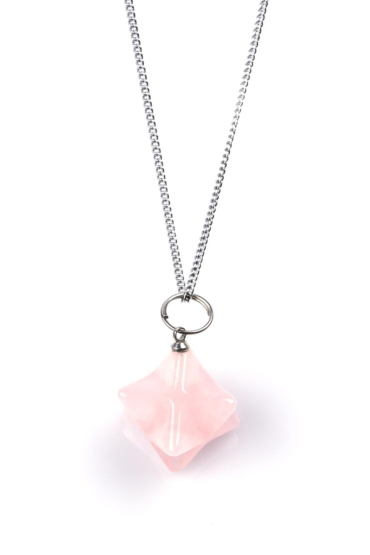 Pembe Kuvars Doğal Taş Merkaba Kolye 