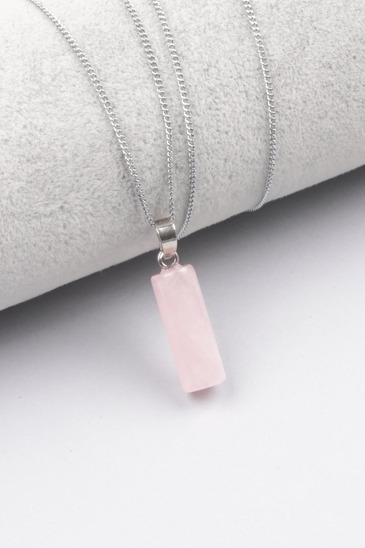 Pembe Kuvars Doğal Taş Silindir Kesim Kolye
