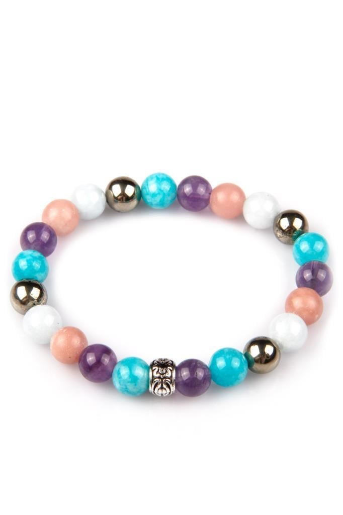 Pirit – Ametist –  Akuamarin- Amazonit – Mangona Kalsit Doğal Taş Bileklik 8 mm Küre Kesim