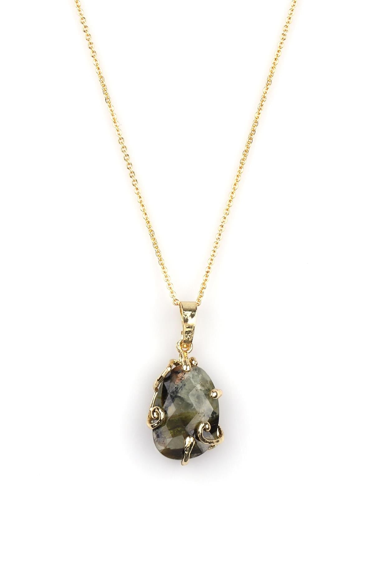 Prehnite Doğal Taş Gold Renkli Kolye