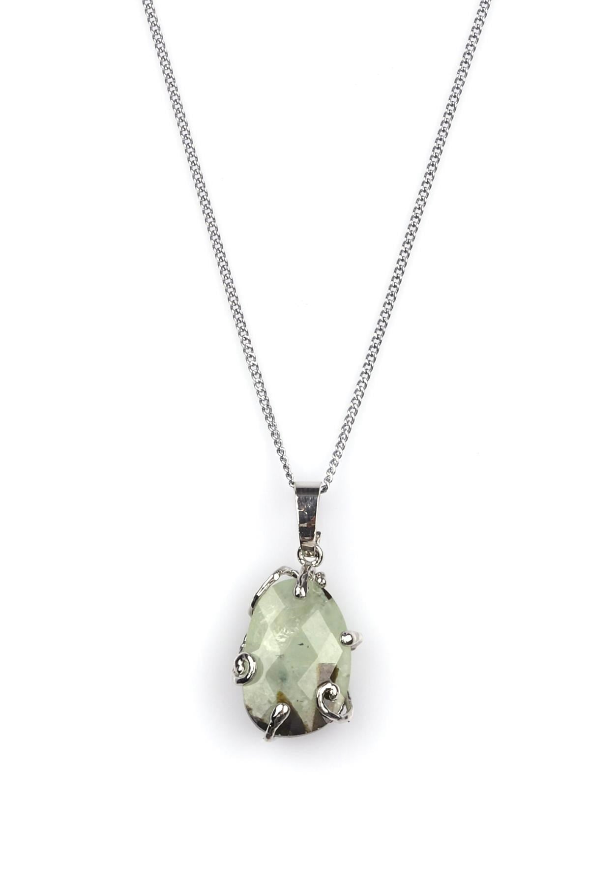 Prehnite Doğal Taş Gümüş Renkli Kolye
