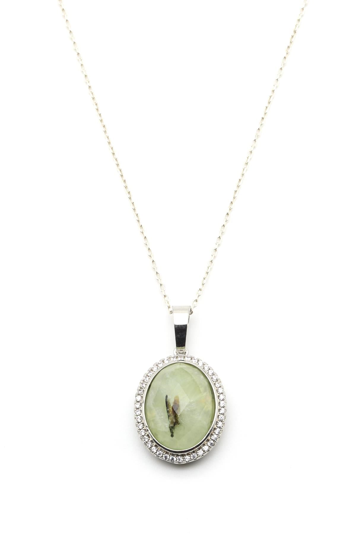 Prehnite Doğal Taş Gümüş Renkli Kolye
