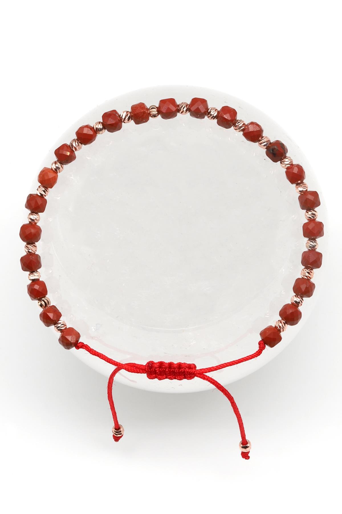 Red Jasper Doğal Taş Makrome Örme Bileklik Fasetli Küp Kesim