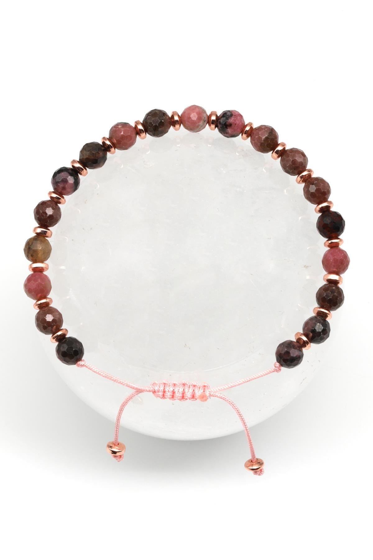 Rodonit Doğal Taş Makrome Örme Bileklik Fasetli Küre Kesim