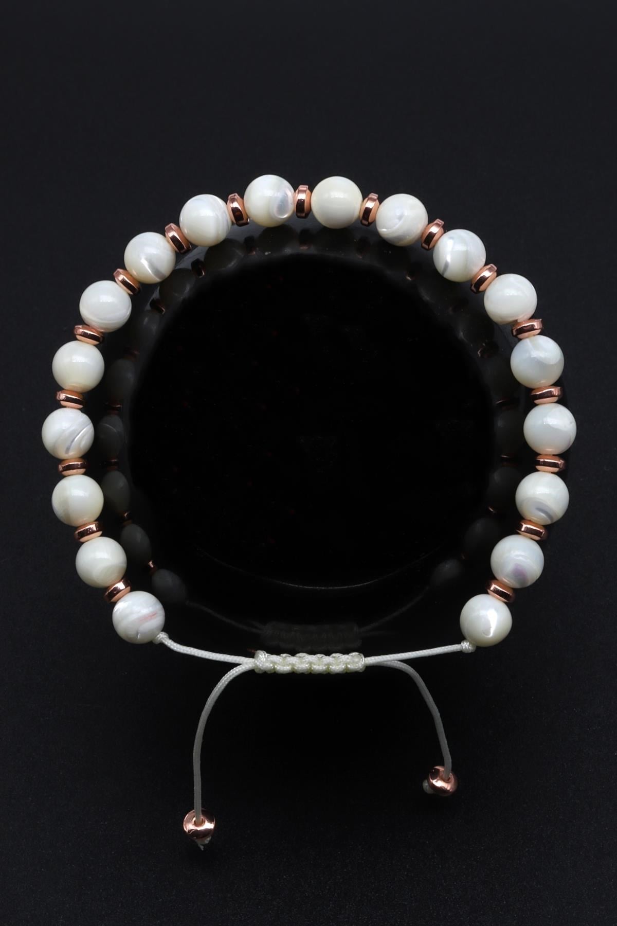 Sedef Doğal Taş Makrome Örme Bileklik Küre Kesim