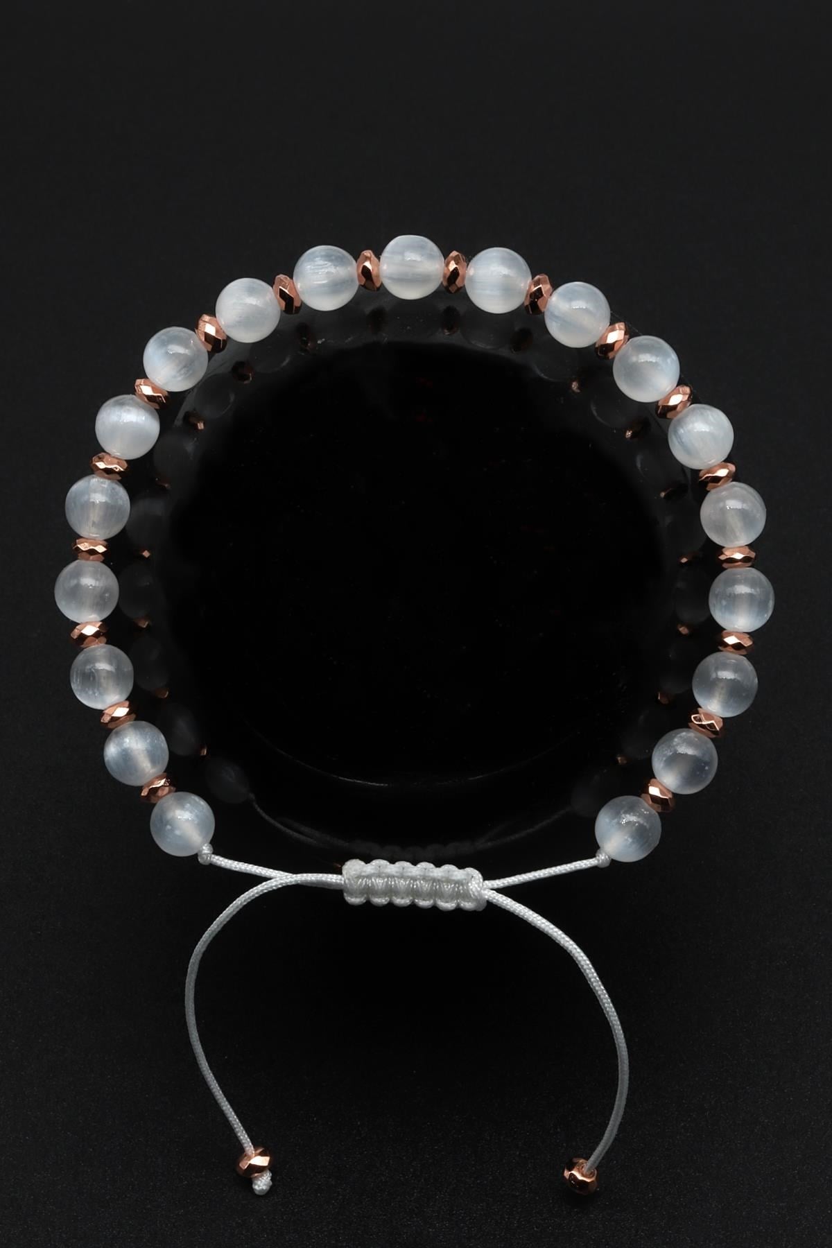 Selenit Doğal Taş Makrome Örme Bileklik Küre Kesim