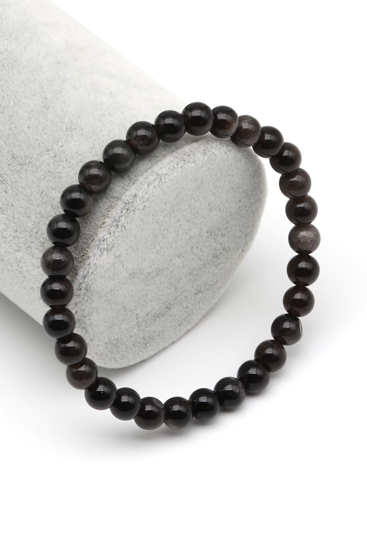 Silver Obsidyen Doğal Taş Bileklik 6 mm Küre Kesim