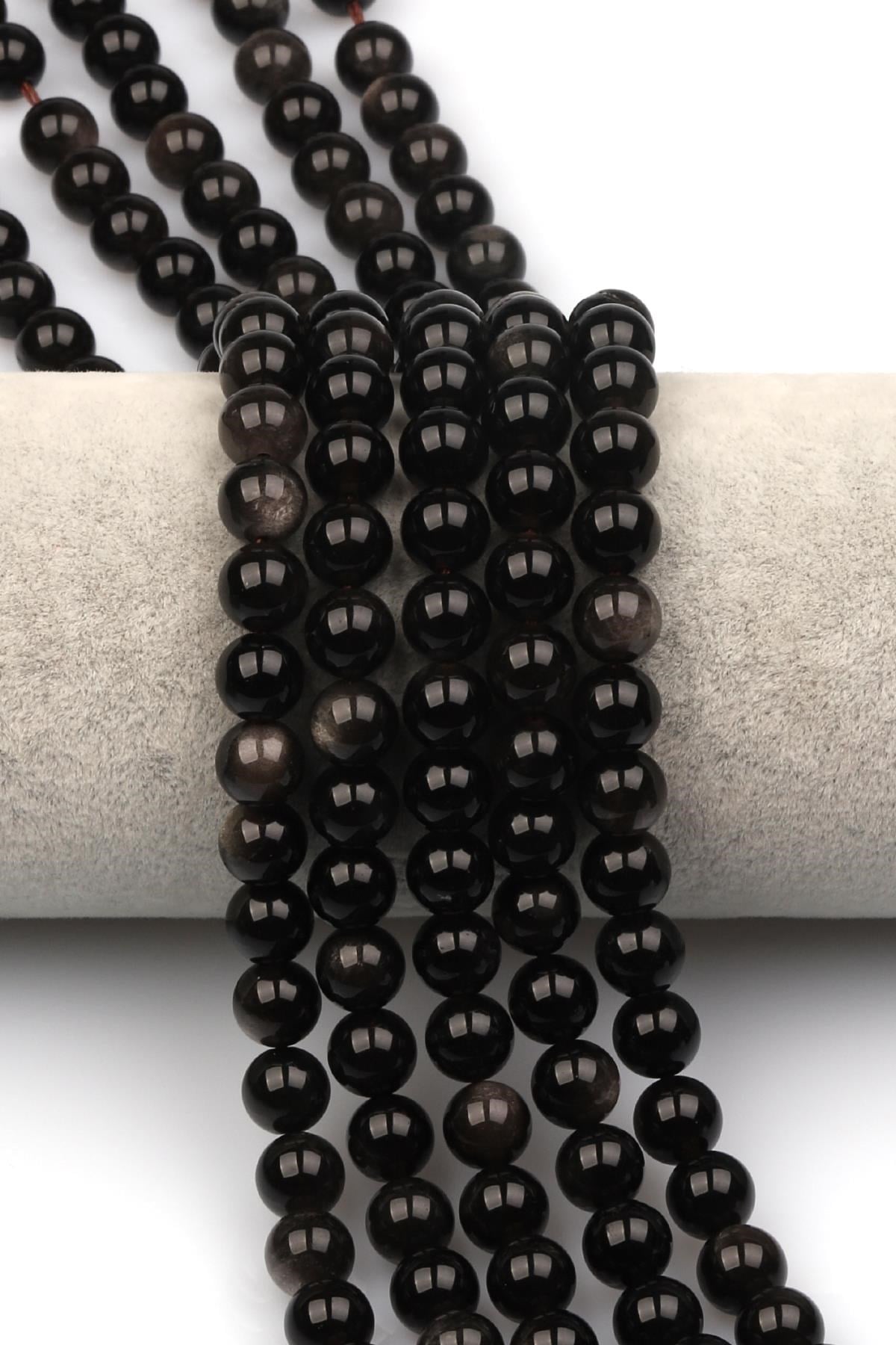 Silver Obsidyen Doğaltaş Dizi 8 mm Küre Kesim