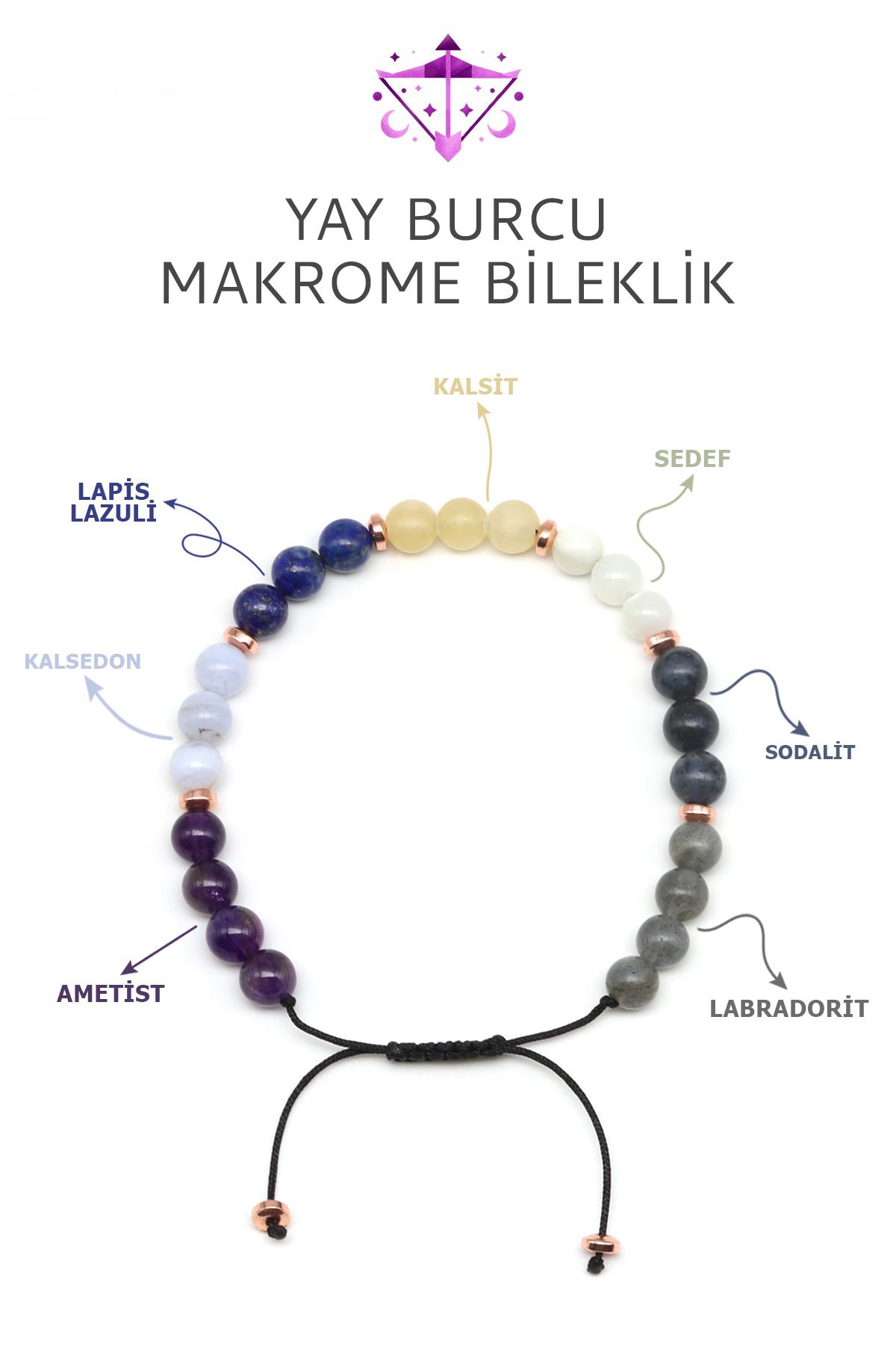 Yay Burcu Taşlarından Oluşan Doğal Taş Makrome Bileklik 6 mm Küre Kesim - Burç Bilekliği