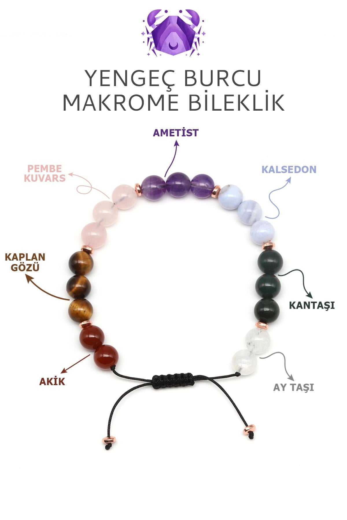 Yengeç Burcu Taşlarından Oluşan Doğal Taş Makrome Bileklik 8 mm Küre Kesim - Burç Bilekliği