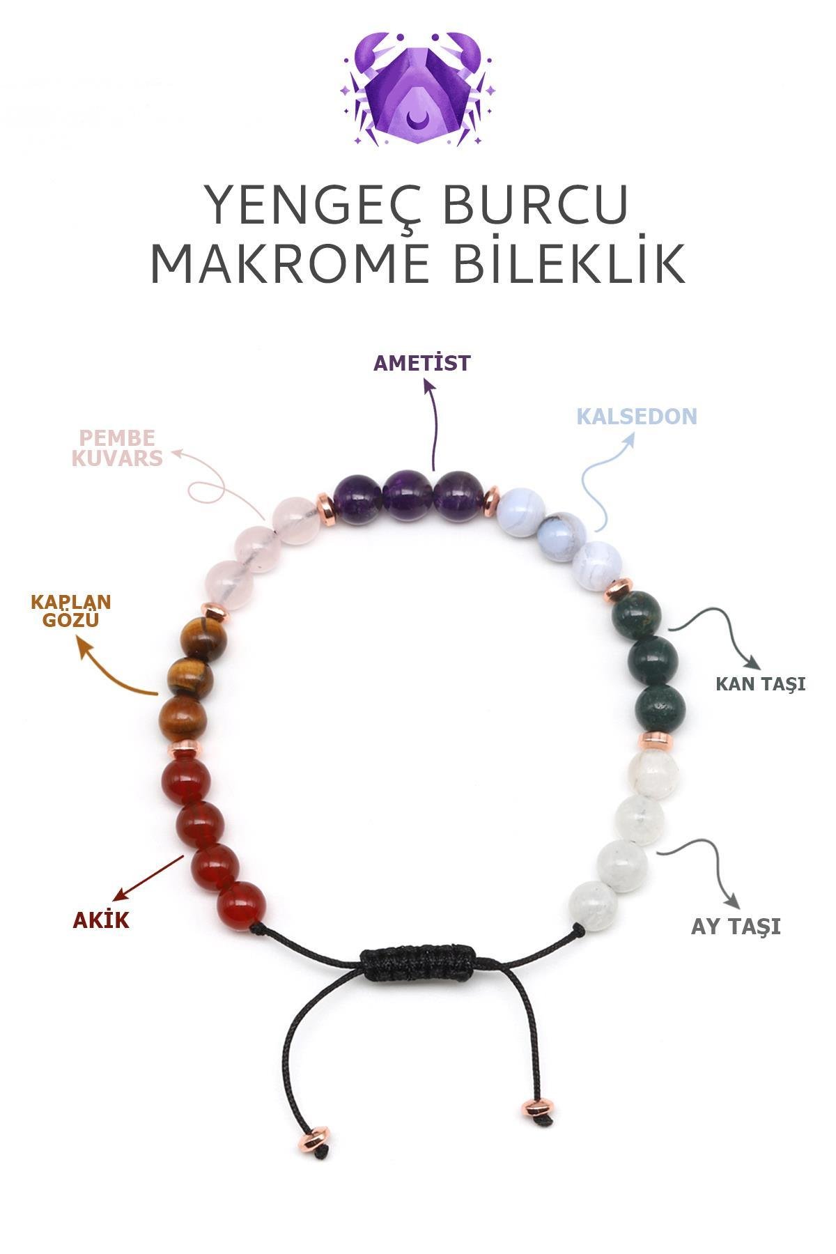 Yengeç Burcu Taşlarından Oluşan Doğal Taş Makrome Bileklik 6 mm Küre Kesim - Burç Bilekliği