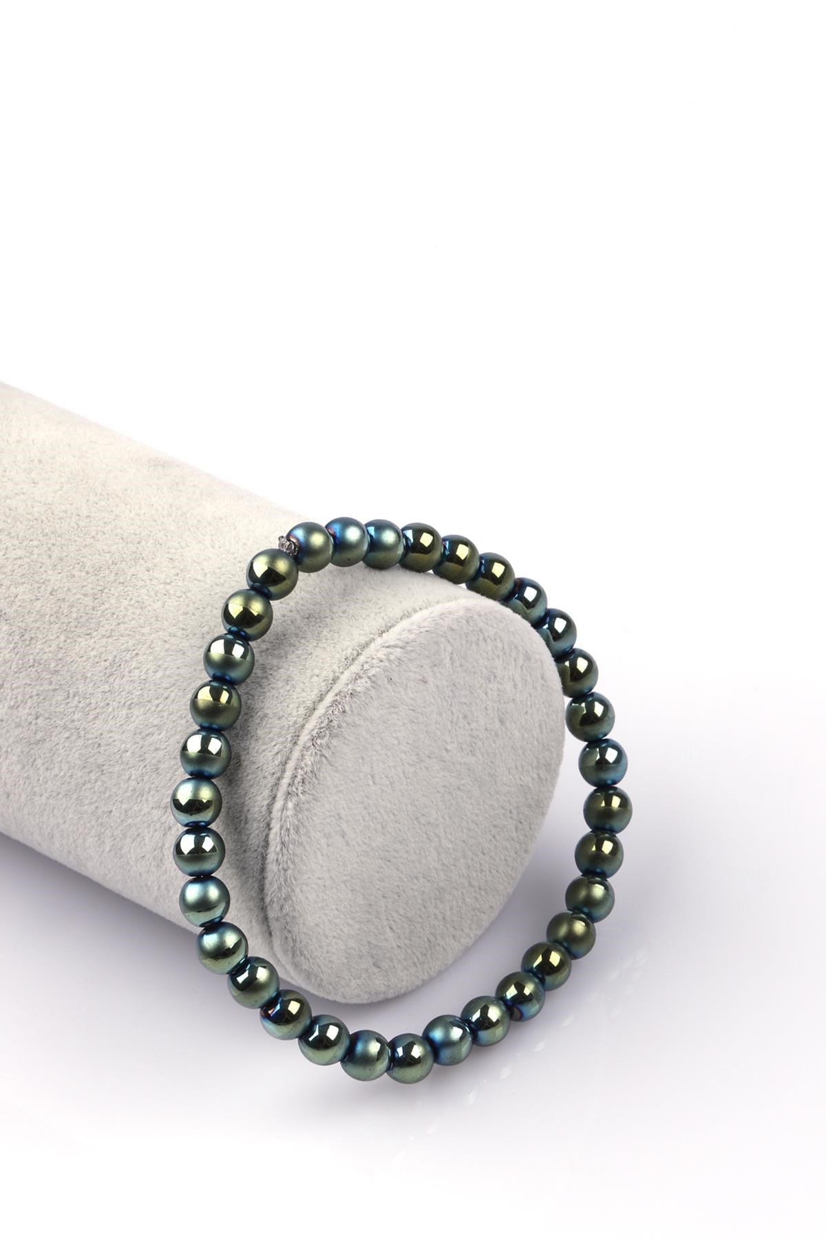 Yeşil Renkli Hematit Doğal Taş Bileklik 6mm Küre Kesim
