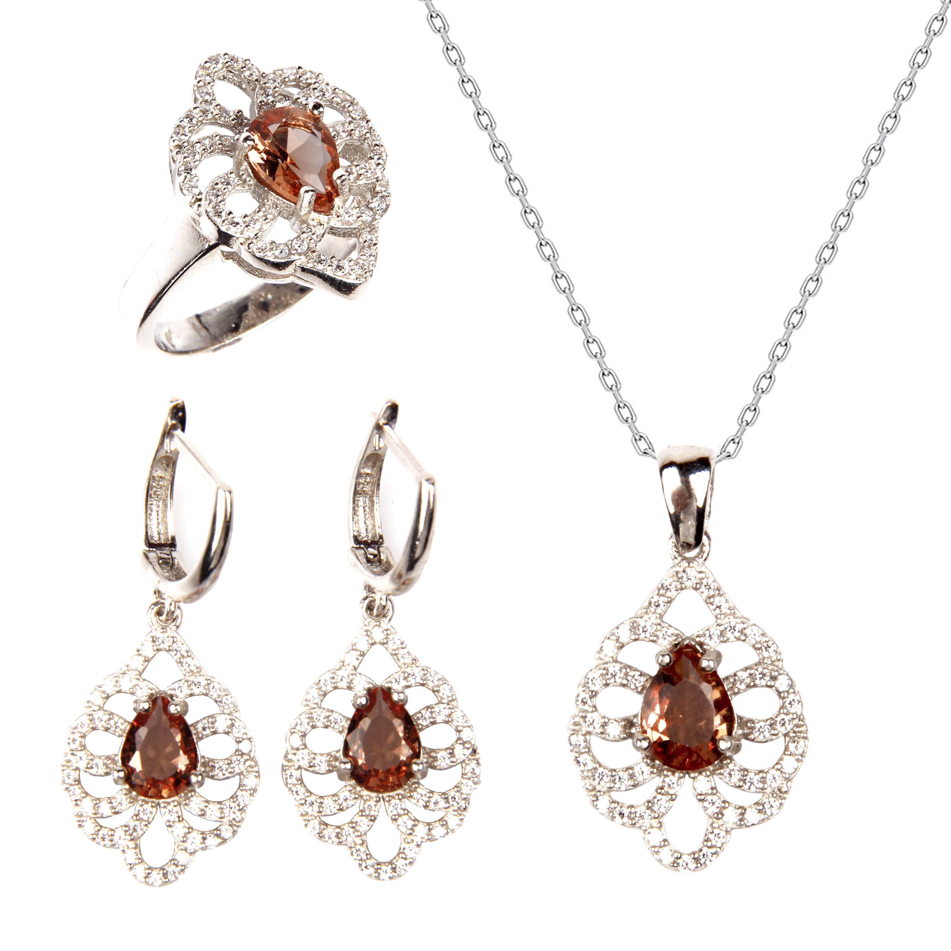 Zultanit Kolye - Küpe - Yüzük 925 Ayar Gümüş 3'lü Set