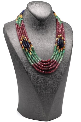 5 Sıralı Yakut-Safir-Zümrüt Multi Color Kolye 