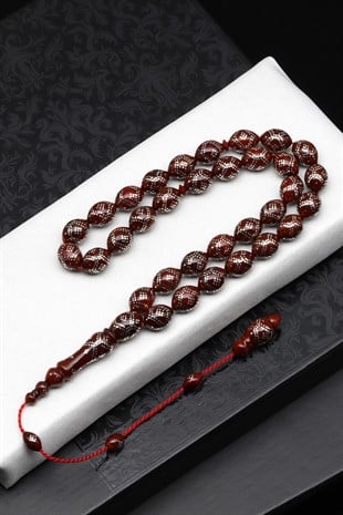 925 Ayar Gümüş İşlemeli Kuka Ağacı Tesbih 9 x 12 mm Arpa Kesim - T-1872