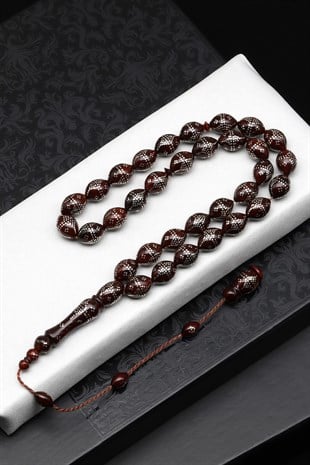 925 Ayar Gümüş İşlemeli Kuka Ağacı Tesbih 9 x 12 mm Arpa Kesim - T-1871