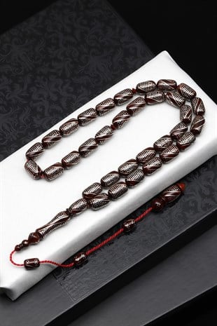 925 Ayar Gümüş İşlemeli Kuka Ağacı Tesbih 8 x 13 mm Kapsül Kesim - T-1874