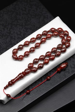 925 Ayar Gümüş İşlemeli Kuka Ağacı Tesbih 10 x 13 mm Arpa Kesim - T-1873