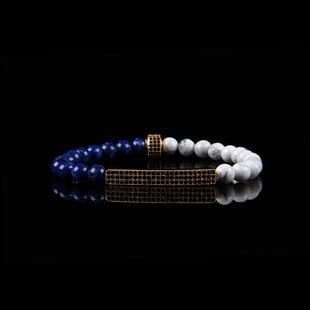 Altın Renk Aparatlı Lapis Lazuli ve Havlit Doğal Taş Bileklik 8 mm Küre Kesim