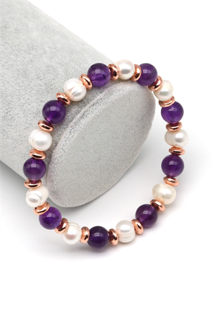 Ametist-İnci Doğal Taş Bileklik 8 mm Küre Kesim - BLK-2268