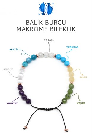 Balık Burcu Taşlarından Oluşan Doğal Taş Makrome Bileklik 6 mm Küre Kesim - Burç Bilekliği
