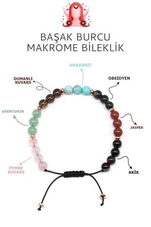 Başak Burcu Taşlarından Oluşan Doğal Taş Makrome Bileklik 6 mm Küre Kesim - Burç Bilekliği