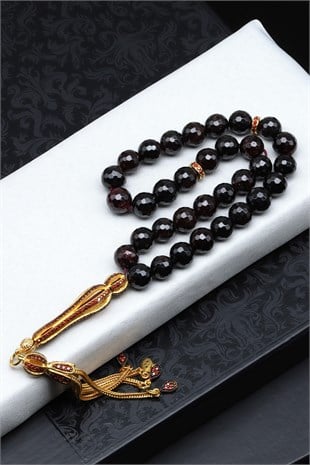 Garnet Doğal Taş 925 Ayar Gümüş 8 mm Küre Kesim Tesbih - T-1929