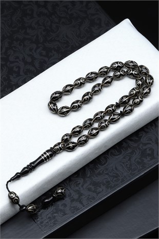 Gümüş İşlemeli Erzurum Oltu Tesbih 6 x 10 mm. Arpa Kesim - T-1916