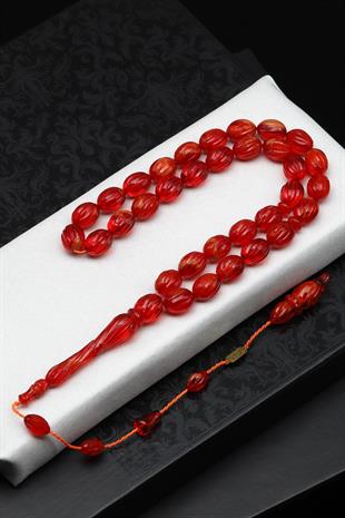 Kalem Oyma İşçilikli Kırmızı Sıkma Tesbih 8 x 12 mm Beyzi Kesim
