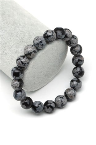 Karlı Obsidyen Doğal Taş Bileklik 10 mm Küre Kesim - BLK-2529