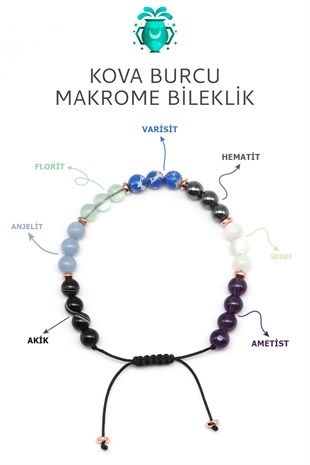Kova Burcu Taşlarından Oluşan Doğal Taş Makrome Bileklik 6 mm Küre Kesim - Burç Bilekliği