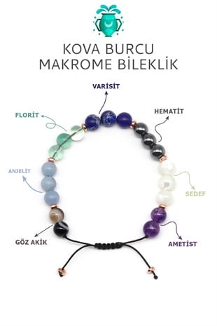 Kova Burcu Taşlarından Oluşan Doğal Taş Makrome Bileklik 8 mm Küre Kesim - Burç Bilekliği