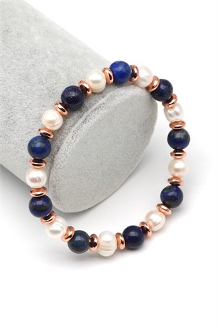 Lapis Lazuli-İnci Doğal Taş Bileklik 8 mm Küre Kesim - BLK-2264