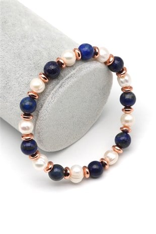 Lapis Lazuli-İnci Doğal Taş Bileklik 8 mm Küre Kesim - BLK-2264