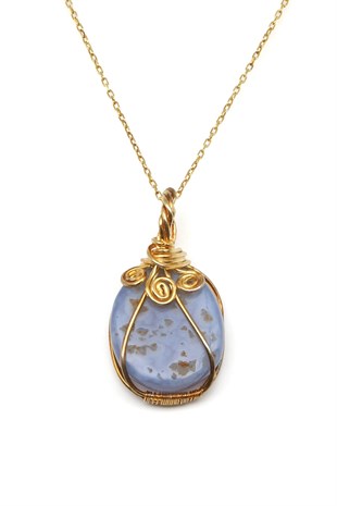 Mavi Dantelli Akik Doğal Taş 925 Ayar Gümüş Kolye