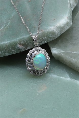 Opal Doğal Taş 925 Ayar Gümüş Kolye - KLYG-1647
