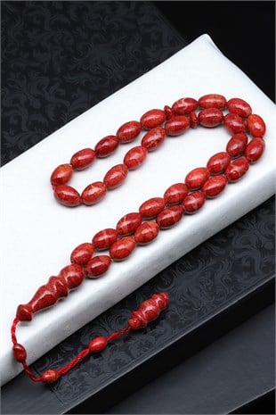 Orijinal Mercan Doğal Taş Tesbih 8 x 12 mm Beyzi Kesim - T-1902